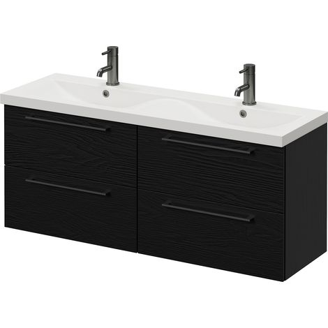 Napoli 390 Nero Oak 1200mm Wall Mounted 4 Drawer Vanity Unit with Double Glide Basins - 1200mm - Gunmetal Grey 320mm Handle