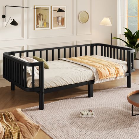 Cama de día de metal 90 x 200 cm con somier de lamas de acero, marco multifunción negro OKWISH (1/5)