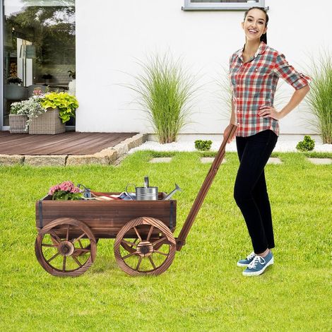 Brouette à Fleur en Bois Jardinière en Sapin à Roues Artistique Jardinière de Jardin avec Longue Poignée Réglable 120x43x53,5cm (1/3)
