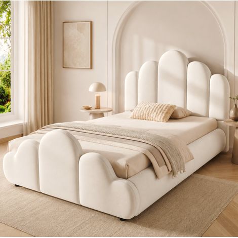 Lit rembourré 90/200 cm en velours beige, design nuage avec sommier à lattes et angles arrondis (1/5)
