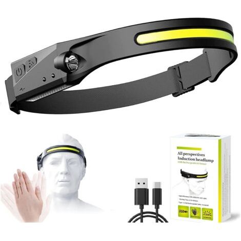 CGBOOM 230° Wiederaufladbare LED-Stirnlampe, Mit Sensor IPX4, Wasserdicht, Anti-Vibration, Leistungsstarke Stirnlampe für Erwachsene und Kinder, Geeignet für Camping, Wandern oder Laufen