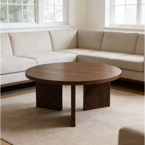 Table basse ronde 80 cm, structure rainurée, stable et peu encombrante pour salon, usage quotidien, MDF noyer (1/5)