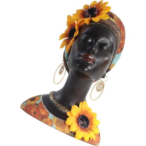 Figurine De Femme Africaine en Résine Tournesol, Sculpture Tribale Décorative Petite Taille, Décoration Intérieure pour Bureau Et Maison, Statue D’Art Ethnique Unique (1/5)