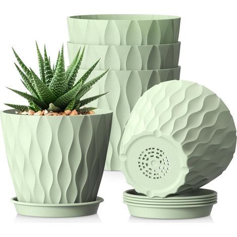 5er Set Blumentöpfe Ø 15 cm mit Untersetzer, Kunststoff, Grün, Wellenstruktur (1/5)