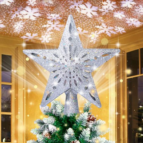 Projecteur de flocon de neige LED, cime d'arbre de noël, étoile scintillante argentée de 28cm, flocon de neige rotatif éclairé, décoration de noël (1/5)