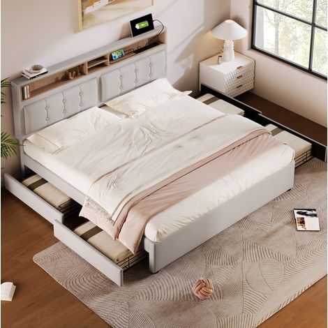 Bett mit Stauraum Leinen Beige 140x200 cm, verstellbares Kopfteil, 4 Schubladen, USB-C und Steckdosen (1/5)
