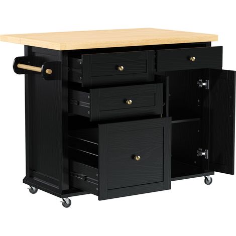 Îlot de cuisine mobile noir avec plateau extensible et rangement multifonction en MDF (1/5)