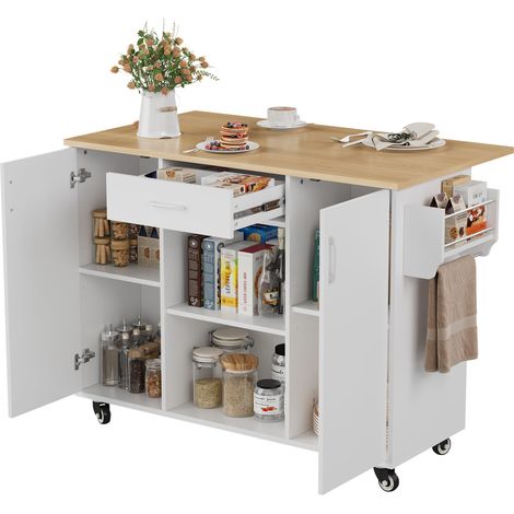 Isla de cocina con encimera abatible, carrito con ruedas, cajón y armario, blanco roble, 120 cm (1/5)