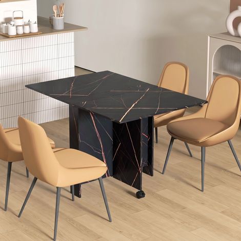 Table pliante cuisine table à manger pliable avec 2 abattants 2 roues avec freins 120 x 80 x 73 cm noir marbré imitation (1/5)