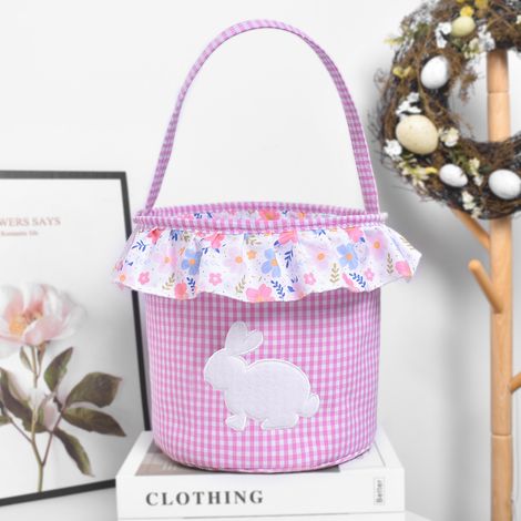 KOWOLL Paniers de Pâques pour enfants, panier à œufs en forme de lapin, seau à carreaux vichy pour bonbons avec poignée, sac fourre-tout réutilisable pour enfants, sacs cadeaux (1/5)