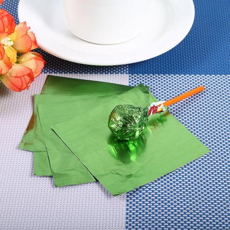 100 grüne quadratische Verpackungsbögen für Süßigkeiten, Pralinen und Lutscher, 7,5 x 7,5 cm, Aluminiumfolie für Konditoreiwaren und Gebäck (1/5)
