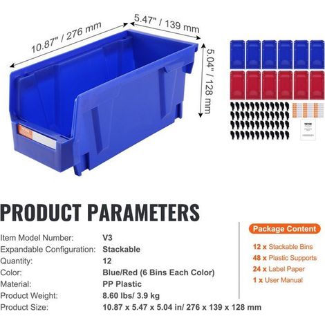 Bac à bec en plastique empilable - Lot de 12 - PP - 276 x 139 x 128 mm - 245 x 110 x 115 mm - Bleu/rouge (1/5)