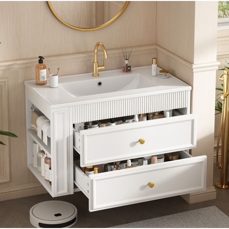 Meuble sous vasque suspendu 81x47x52 cm avec lavabo en céramique, 2 tiroirs, MDF blanc brillant (1/5)