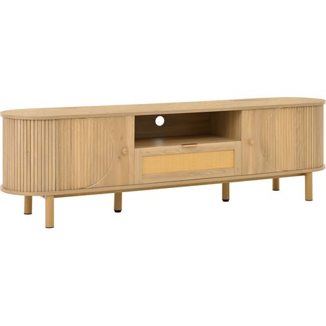 Mueble TV moderno de MDF con cajones de ratán y patas metálicas efecto madera 175 cm (1/5)