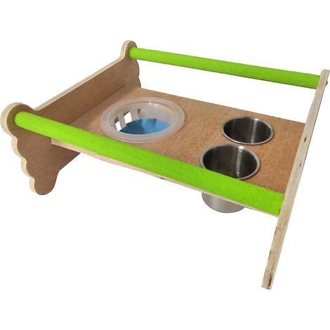 Perchoir pour perroquets avec mangeoires intégrées, facile à installer. (1/4)