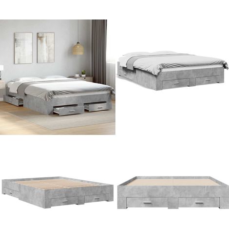 Cadre de lit avec tiroirs sans matelas gris béton 150x200 cm - Cadre De Lit - Lit Double - Lit Avec Tiroirs - Meuble De Chambre - Mobilier Moderne - Home & Living (1/5)