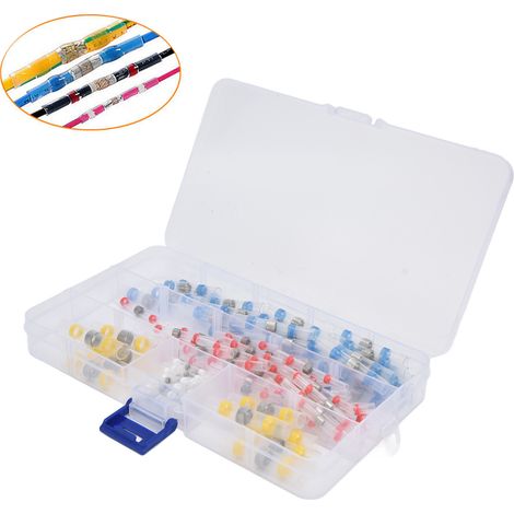 Coffret de 100 pièces comprenant des anneaux de soudure, des borniers thermorétractables, des gaines thermorétractables et des cosses de câblage étanches. (1/5)