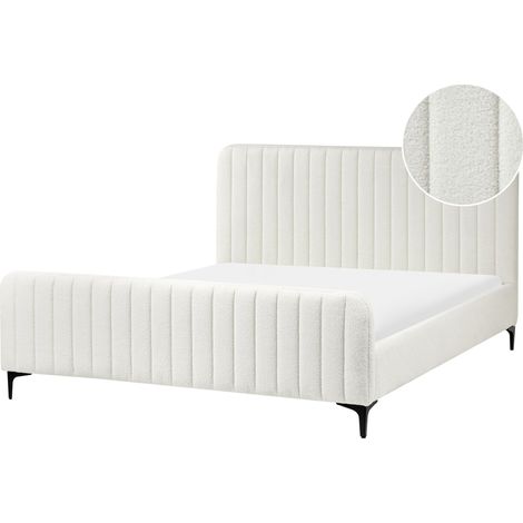 Lit Double Sommier à Lattes avec Haute Tête de Lit et Pieds en Métal 160 x 200 cm en Tissu Bouclé Blanc Cassé Lunan (1/5)