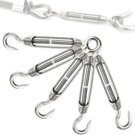 Lot de 5 M5 Tendeur de Fil en Acier Inoxydable Tendeur de Câble Réglable Tendeur Crochet et Oeil en Acier Inoxydable Tendeur de Câble à Crochet pour Corde a Linge, Chaîne (1/4)