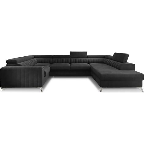 Canapé panoramique convertible LOUVE velours - Rangement et têtières réglables à droite-Gris anthracite-Coffre à droite (1/5)