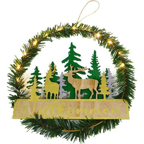 Couronne de Noël pour porte, guirlande lumineuse LED, diamètre 29 cm, sapin artificiel, décoration à suspendre pour portes d'entrée, cheminées, murs, couronnes de l'Avent (1/5)