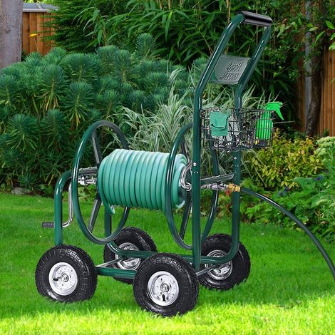 Carro para manguera de jardin carrete para manguera con cesta metal verde 96 x 62 x 113 cm