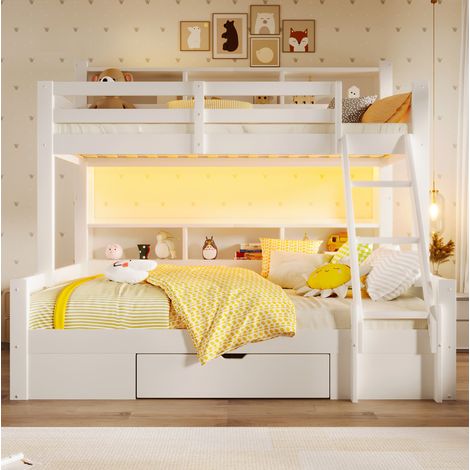 Etagenbett 90x200 cm + 140x200 cm weiß aus Kiefernholz mit LED-Licht und Stauraum (1/5)