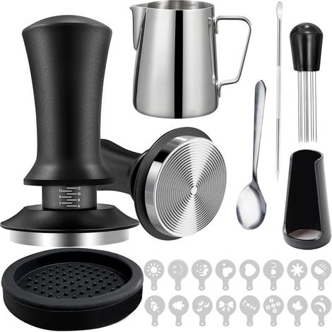 Dieses 22-teilige Espresso-Tamper-Set enthält einen 58-mm-Espresso-Tamper, eine Tuchdüse, ein Tamperpad, einen Kaffeerührer und einen Milchaufschäumer. (1/5)