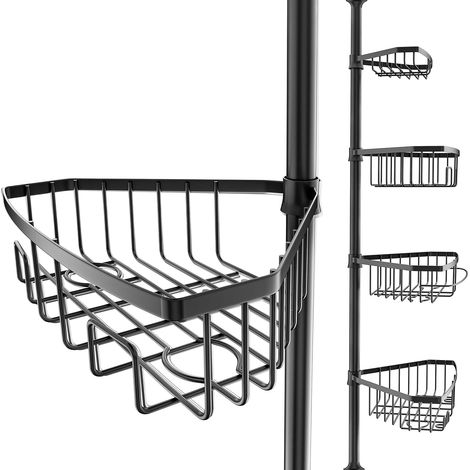 Etagère de douche télescopique noire pour hauteurs de 105 à 270 cm - Etagère de salle de bain pour la douche avec 4 paniers - Etagère d'angle antidérapante sans perçage (1/5)