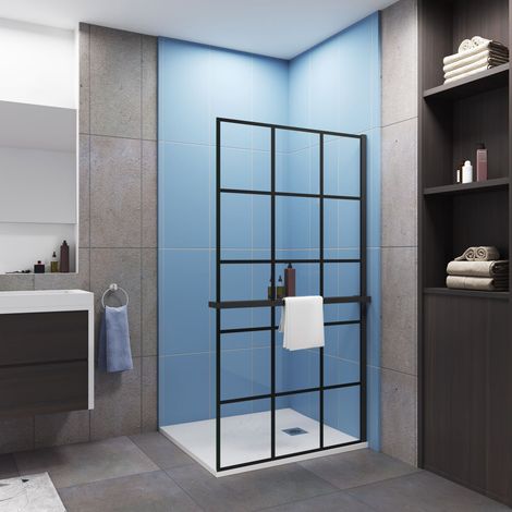 Paroi de douche à l'italienne sérigraphie brique 90x200cm avec étagère de douche noir