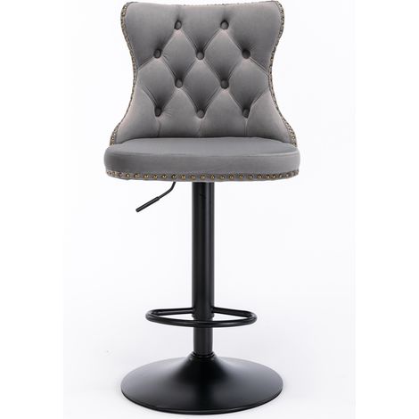 Tabourets de bar pivotants velours gris, assise réglable 63,5-84 cm, piètement 45 cm, rembourrés et confortables, avec dossier, pour cuisine, pub ou îlot. Pack de 2, DE1812GY. (1/5)
