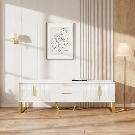 Meuble TV MDF haute brillance blanc avec portes et tiroirs en MDF (1/5)