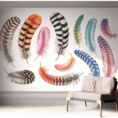 Papier peint autocollant Mural avec colle pour salon et chambre Décoration murale rapide Plumes pastel 312x219 cm (1/5)