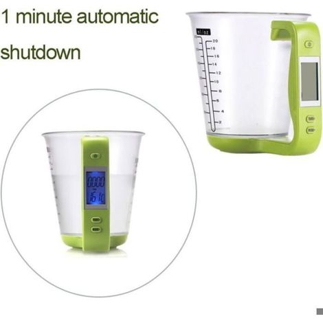 Verre doseur électronique multifonction pour cuisine, avec écran LCD amovible, permettant de mesurer le poids.Couleur verte. (1/4)