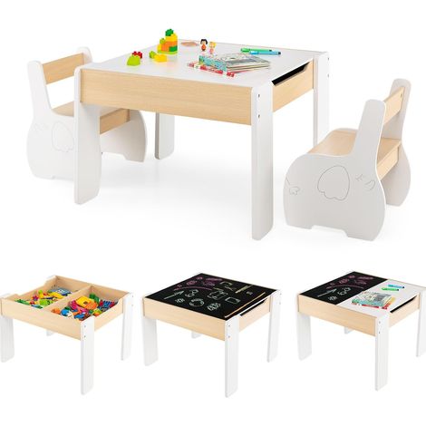 Costway – Ensemble table et chaises enfants 4 en 1 – 2 chaises éléphant – Table en bois avec tableau amovible – Espace de rangement – Charge 30kg – 3-6 ans