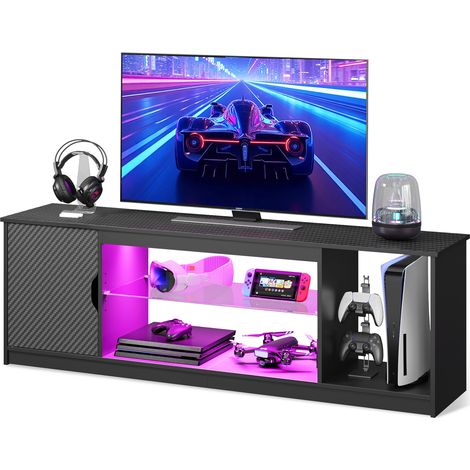 Meuble TV moderne 148 cm – Support TV LED pour TV 55/60/65 pouces – 5 étagères en verre réglables – Design gaming avec bandes lumineuses (1/5)