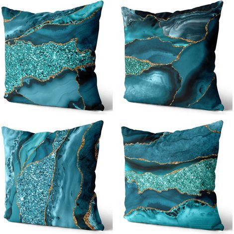 4er-Set Kissenbezüge (45 x 45 cm), abstraktes Ozeanachat-Muster, Digitaldruck mit schimmerndem Blaueffekt, dekorativer Kissenbezug (1/5)