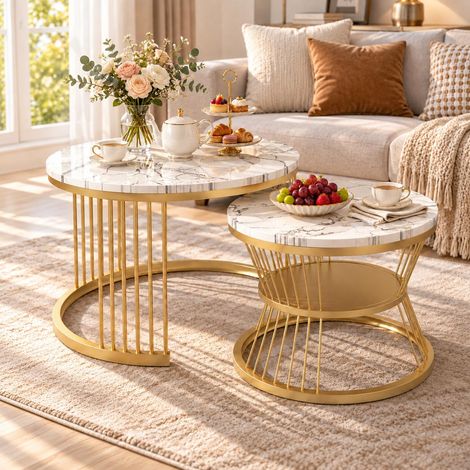 2er-Set Couchtische rund Ø 70 cm Satztische, MDF-Platte mit Marmor-Optik und goldene Metallbeine, Skandinavisches Design, Weiß (1/5)