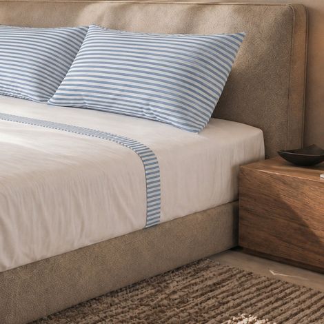 Parure de Lit 2 Personnes 175x200cm - 100% Coton - Drap Housse, Drap Plat, 2 Taie d'Oreiller - Rayures Bleu Clair