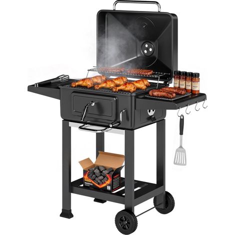 Barbecue Charbon de Bois Chariot Grill de Jardin avec Couvercle XXL Bac à Charbon et Évents Réglables 112cm Noir
