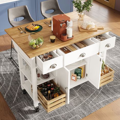 Îlot de cuisine moderne (120×45×90 cm) meuble de cuisine, buffet de salle à manger, chariot de salle à manger effet bois, meuble de salle à manger multifonction avec panier en pin, panier de rangement (1/5)