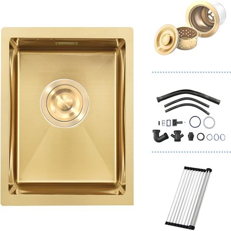 Évier Cuisine Inox 304 35x45, Montage Encastré ou Supérieur, Or, RV, Petit (1/5)