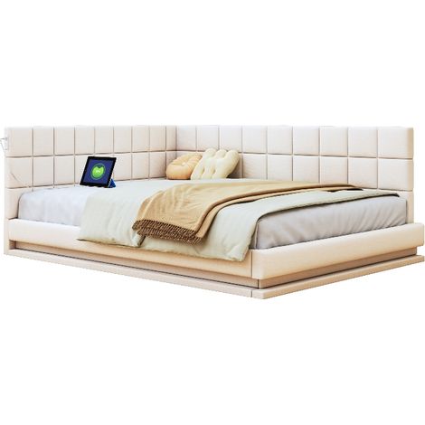 Canapé-lit 160x200 Beige en Lin avec LED et Port USB - Lit Banquette Multifonction avec Sommier à Lattes (1/5)