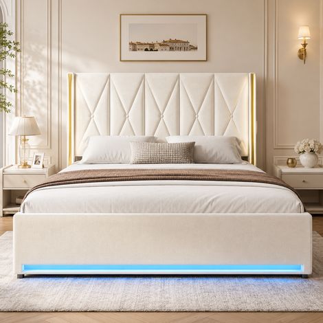 Lit en velours avec tête de lit haute, rembourrée et capitonnée, poches latérales, USB et LED, système de levage hydraulique et grand espace de rangement sous le lit – allie design, confort et pratici (1/5)