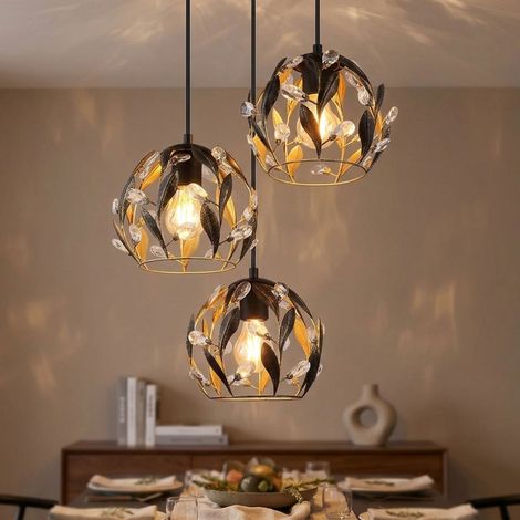 Suspension LED Table de salle à manger Lampe de salon noire à 3 flammes, métal doré, 3x 7W 3x 630lm blanc chaud, DxH 41x150 cm (1/5)