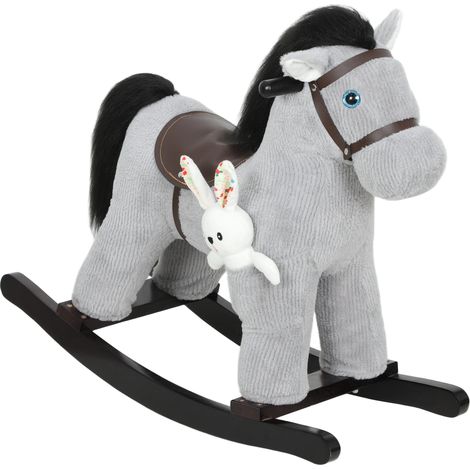 Cavallo a Dondolo con Suoni per Bambini da 2-5 Anni Coniglietto Incluso in Legno e Peluche Grigio (1/5)