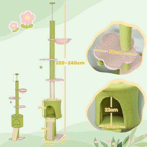 Arbre à chat du sol au plafond 5 niveaux hauteur réglable 220-240 cm plateformes fleur avec griffoir niche hamac vert (1/5)