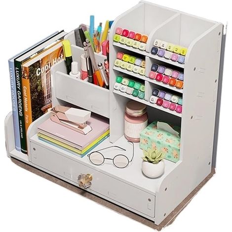 Organiseur de bureau avec compartiment de rangement pour marqueurs et crayons, tiroirs et étagère, multifonctionnel, convient à la maison, au bureau et à l'école, blanc. (1/5)