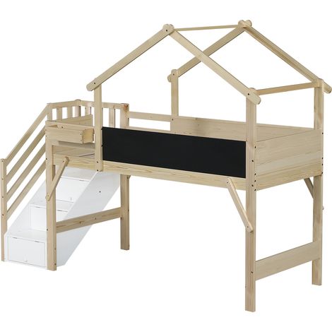 Lit superposé enfant 90 x 200 cm avec toit, échelle de rangement et tableau noir HOMVRA (1/5)