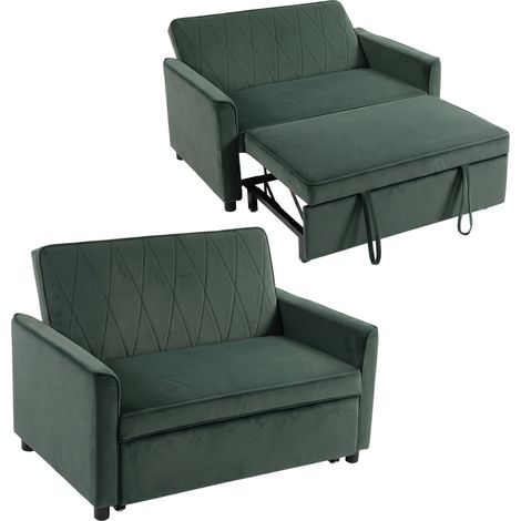 HOMCOM 2 Seater Sofa Bed, 3-in-1 Velvet Pull Out Sleeper Sofa, Dark Green